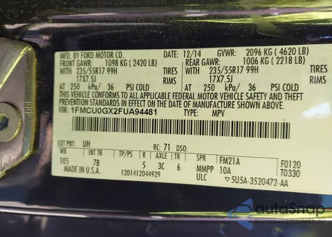 2015 Ford Escape Se из США, поврежденный, VIN 1FMCU0GX2FUA94481